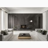 Lastra Gresie Pietra Grey Lucios 120x280x0,6 cm – ambient living, living elegant cu perete marmura gri si semineu
