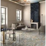 Gresie Sensi Roma Imperiale Lucios 120x280 cm – ambient living, living elegant cu pardoseala marmorata gri auriu si semineu