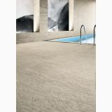 Gresie Stone Plan Vals Beige 60x120 – ambient piscina, pardoseala gresie bej langa piscina interioara cu scara metalica