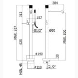 Baterie Cada Dus Freestanding Paffoni Jo Negru – schita tehnica, desen tehnic cu dimensiuni baterie freestanding cada