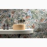 Gresie Deco Studio Jungle 60x120 cm – ambient baie, baie cu chiuveta rotunda si perete tropical floral