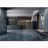 Gresie Blu Saint Laurent Lucios 60x120 cm – ambient comercial, receptie moderna cu pardoseala si perete marmura albastra lucioasa
