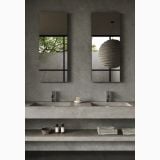 Gresie Portelanata Italgraniti Natural Flax 60x120 – ambient baie, baie moderna cu oglinzi negre si blat gri, pe pardoseala