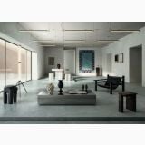 Gresie Portelanata Italgraniti Natural White 120x120 – ambient living, living spatios cu pardoseala gri, mobilier negru si canat