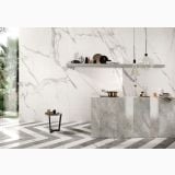 Gresie Statuario Lux Mat 80x80 cm – ambient bucatarie, bucatarie eleganta cu insula si pereti marmorati, pe pardoseala si perete