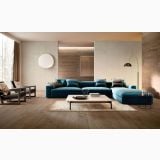 Gresie Alnus Terra Mat 20x120 cm – ambient living, living modern cu canapea albastra si pardoseala lemn