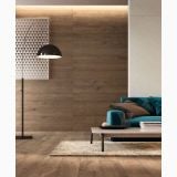 Gresie Alnus Terra Mat 20x120 cm – ambient living, living modern cu canapea turcoaz si perete lambriu lemn