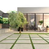 Gresie de exterior Del Conca Rock Beige 60x60x2 cm – ambient terasa, terasa exterioara gresie cu iarba, gradina si living vitrat, pe pardoseala