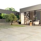 Gresie de exterior Del Conca Rock Beige 60x60x2 cm – ambient terasa, terasa exterioara cu masline, canapele si living vitrat, pe pardoseala