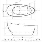 Cada Freestanding Ovala din Compozit 165x70 cm – schita tehnica, desen tehnic cu dimensiuni cada ovala