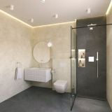 Gresie Timeline HTL 10 White 60x120 cm – ambient baie, baie moderna cu dus walk-in si pardoseala gresie gri