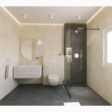 Gresie Timeline HTL 10 White 60x120 cm – ambient baie, baie moderna cu dus walk-in si gresie gri antracit, pe pardoseala