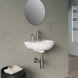 Lavoar Suspendat Din Ceramica 38 cm – ambient baie, lavoar suspendat alb cu oglinda rotunda si robinet crom, pe perete