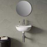 Lavoar Suspendat Din Ceramica 38 cm – ambient baie, lavoar suspendat alb, oglinda rotunda, perete gri texturat