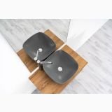 Lavoar Ceramica LAV48G 42x42 cm – ambient baie, doua lavoare gri pe blat lemn, vedere de sus