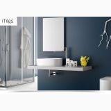 Lavoar Ceramica Oval LAV10 56x35 cm – ambient baie, lavoar oval alb pe blat suspendat, perete bleumarin