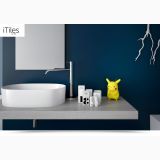 Lavoar Ceramica Oval LAV10 56x35 cm – ambient baie, lavoar oval alb pe blat gri, perete bleumarin