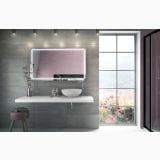 Lavoar Ceramica Rotund LAV1 Ø41 cm – ambient baie, lavoar rotund alb pe blat suspendat, oglinda iluminata, gresie gri, pe pardoseala si perete