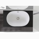 Lavoar Ceramica Oval LAV13 60x40 cm – ambient baie, lavoar oval alb pe blat negru, vedere de sus
