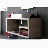 Lavoar Ceramica Dreptunghiular LAV18 50x36 cm – ambient baie, lavoar montat pe mobilier suspendat cu skateboard rosu, pe perete