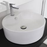 Lavoar Ceramica Rotund LAV19 Ø46 cm – ambient baie, lavoar rotund alb pe blat negru, baterie crom