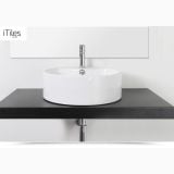 Lavoar Ceramica Rotund LAV19 Ø46 cm – ambient baie, lavoar rotund alb pe blat negru mat
