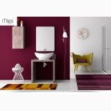 Lavoar Ceramica Oval LAV22 58x39 cm – ambient baie, lavoar oval alb pe blat lemn, perete visiniu