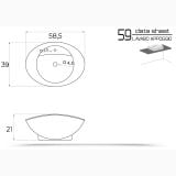 Lavoar Ceramica Oval LAV22 58x39 cm – schita tehnica, desen tehnic cu dimensiuni lavoar oval, vedere de sus si laterala