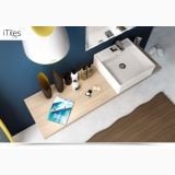Lavoar Ceramica Patrat LAV25 40 cm – ambient baie, lavoar patrat pe blat lemn, baie moderna, pe pardoseala si perete