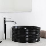 Lavoar Ceramica Rotund LAV34 Ø40 cm – ambient baie, lavoar negru striat rotund cu baterie crom pe blat