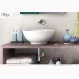 Lavoar Ceramica Rotund LAV37 Ø40 cm – ambient baie, lavoar rotund pe blat lemn, accesorii baie