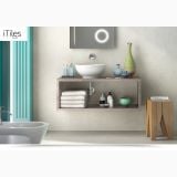 Lavoar Ceramica Rotund LAV37 Ø40 cm – ambient baie, lavoar rotund alb pe blat lemn, baie moderna, pe perete