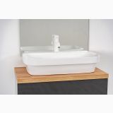 Lavoar Ceramica Dreptunghiular LAV43 70x42 cm – ambient baie, lavoar alb pe blat lemn cu baterie moderna