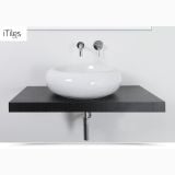 Lavoar Ceramica Rotund LAV45 Ø50 cm – ambient baie, lavoar rotund alb pe blat negru suspendat, pe perete