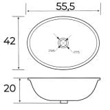 Lavoar Incorporat LAV60 55.5x42 cm – schita tehnica, desen tehnic cu dimensiuni lavoar oval, vedere de sus si profil