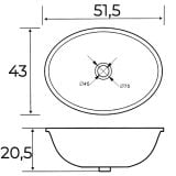 Lavoar Incorporat LAV61 51.5x43 cm – schita tehnica, desen tehnic cu dimensiuni lavoar oval, vedere sus si laterala