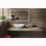Lavoar Ceramica Oval LAV8 60x38 cm – ambient baie, lavoar oval alb pe blat lemn cu oglinda iluminata