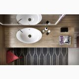 Lavoar Ceramica Oval LAV8 60x38 cm – ambient baie, lavoar oval alb pe blat lemn, vedere de sus