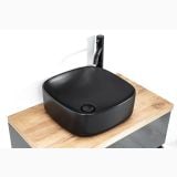 Lavoar Ceramica LAV48N 42x42 cm – lavoar negru mat pe blat lemn si baterie neagra