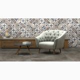 Gresie Decorata London Mayfair 20x20 cm – ambient living, living cu fotoliu gri, masuta si perete decorativ