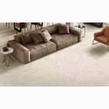 Gresie Portelanata iTiles Le Cave Ivory 60x120 cm – ambient living, living modern cu canapea maro si pardoseala gresie deschisa