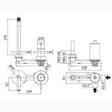 Baterie Lavoar Incastrata Paffoni Light Finisaj Crom cu Pipa 178 mm – schita tehnica, desen tehnic cu cote si dimensiuni baterie