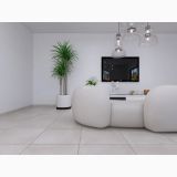Gresie Portelanata iTiles Concreta Argento 60x120 cm – ambient living, living modern cu canapea alba si gresie gri mare, pe pardoseala