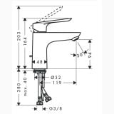 Baterie Lavoar Hansgrohe Logis E 100 Finisaj Crom – schita tehnica, desen tehnic cu dimensiuni si unghiuri baterie lavoar