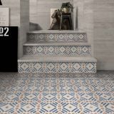 Gresie Decorata Play Labyrinth Pearl 20x20 cm – ambient hol, scara si pardoseala cu model geometric albastru terracota, pe pardoseala si perete