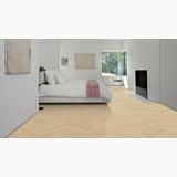 Parchet SPC Kahrs Fusion - Click 6 MM Herringbone – ambient dormitor, dormitor alb cu pat, parchet herringbone deschis la culoare, pe pardoseala