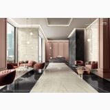 Lastra Gresie Calacatta Mont Blanc Mat 120x280x0,6 cm – ambient comercial, lobby hotel elegant cu pardoseala marmorata si pereti marmura, pe pardoseala si perete