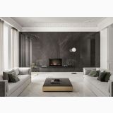 Lastra Gresie Pietra Grey Mat 120x280x0,6 cm – ambient living, living elegant cu semineu si perete gresie gri
