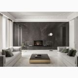 Gresie Pietra Grey Lucios 60x120 cm – ambient living, living elegant cu semineu, canapele albe si perete gri lucios
