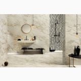 Gresie Calacatta Gold Mat 60x120 cm – ambient baie, baie eleganta cu marmura, oglinda rotunda si dus, pe pardoseala si perete